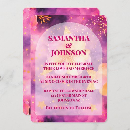 Rosa Magenta Goldene romantische Blumenhochzeit Einladung (Vorne/Hinten)