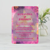 Rosa Magenta Goldene romantische Blumenhochzeit Einladung (Stehend Vorderseite)