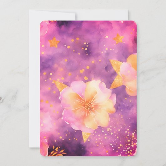 Rosa Magenta Goldene romantische Blumenhochzeit Einladung (Rückseite)