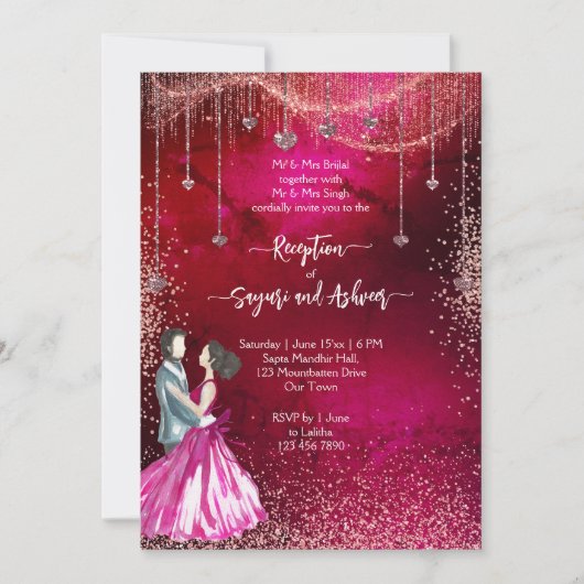 Rosa Magenta Rose Gold Glitzer Hochzeitsempfang Einladung (Vorderseite)