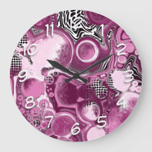 Rosa, Magenta und Schwarze Fluid Art Malerei Große Wanduhr