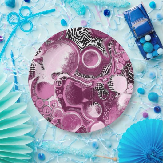 Rosa, Magenta und Schwarze Fluid Art Malerei Pappteller (Party)