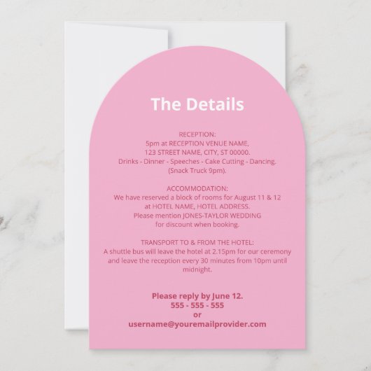 Rosa Magenta Wedding Details Card Einladung (Vorderseite)