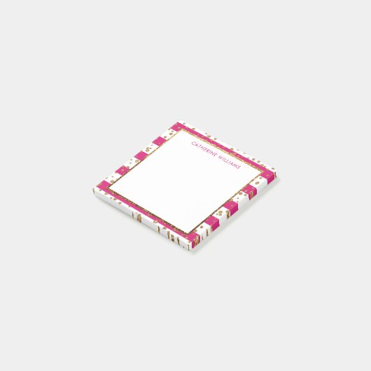 Rosa Magenta Weißer Streifen Glitzer Confetti Post-it Klebezettel (angewinkelt)