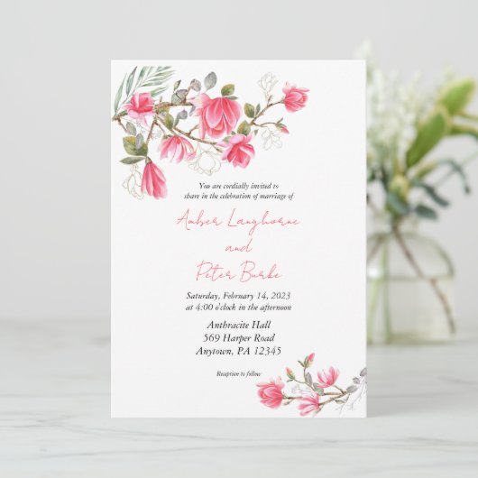 Rosa Magnolia Blume Einladung zur Hochzeit, lädt e (Stehend Vorderseite)