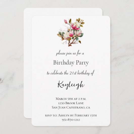 Rosa Magnolia Blume Geburtstag Einladung (Vorne/Hinten)