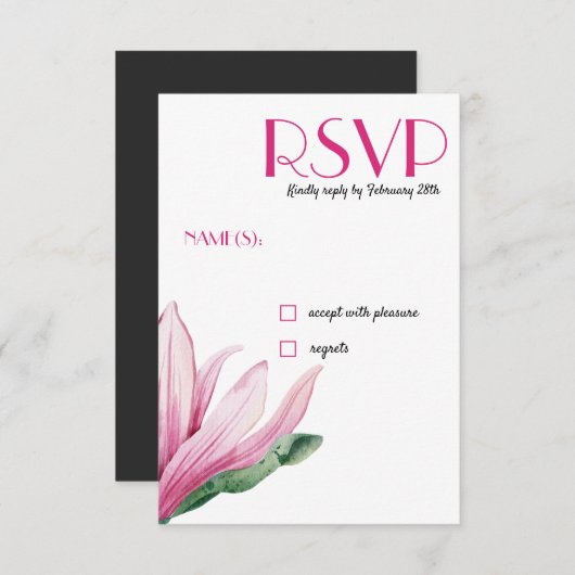 Rosa Magnolia-Blume in Blüte | Grey Wedding RSVP Einladung (Vorne/Hinten)
