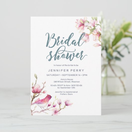 Rosa Magnolia Blumendusche Einladung (Stehend Vorderseite)