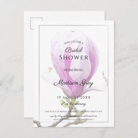 Rosa Magnolia-Brautparty Einladungspostkarte (Vorne/Hinten)