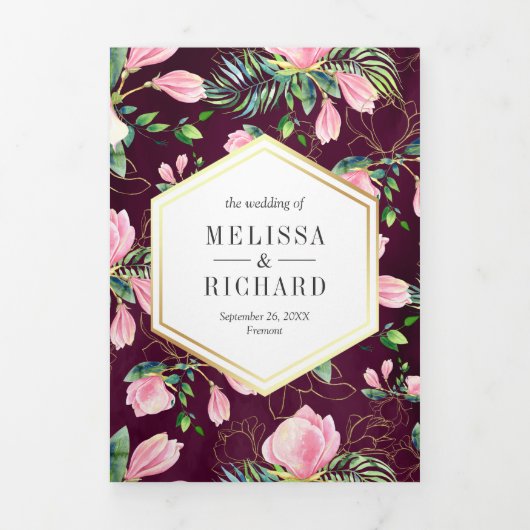 Rosa Magnolia Frühlingsfloralplatte Lila Hochzeit Dreifach Gefaltete Einladung (Cover)
