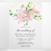 Rosa Magnolia Frühlingsfloralplatte Lila Hochzeit Dreifach Gefaltete Einladung (Innenseite Mitte)