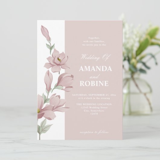 Rosa Magnolia Hochzeit Einladung (Stehend Vorderseite)