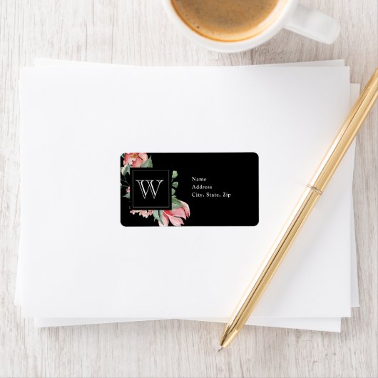 Rosa Magnolia Monogram auf der Schwarzen Hochzeita Adressaufkleber (Insitu)