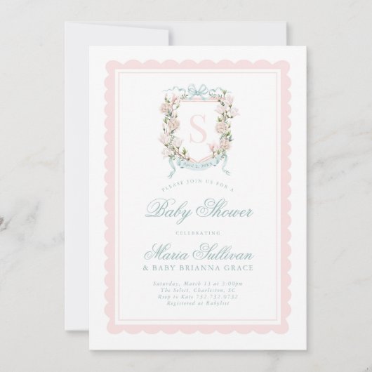 Rosa Magnolia Monogram Baby in Blütendusche Einladung (Vorderseite)