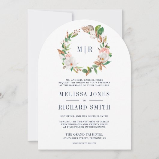 Rosa Magnolia Monogram Einladung (Vorderseite)