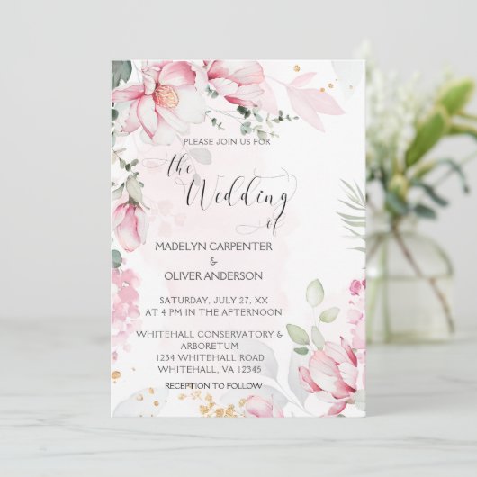 Rosa Magnolias Hochzeitseinladung Einladung (Stehend Vorderseite)