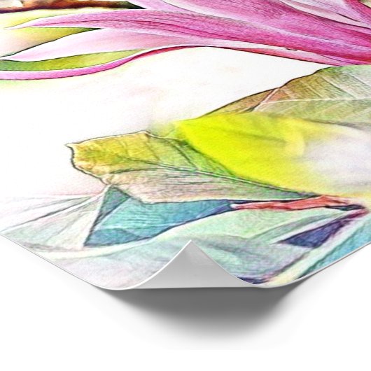 Rosa Magnolie Blume Aquarellblau Hintergrund Poster (Ecke)