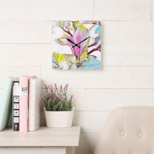 Rosa Magnolie Blume Aquarellblau Hintergrund Quadratische Wanduhr
