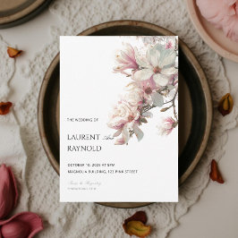 Rosa Magnolie Botanische Aquarell-Hochzeit Einladung
