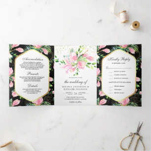 Rosa Magnolie Frühlingsblumen Schwarze Hochzeit Dreifach Gefaltete Einladung