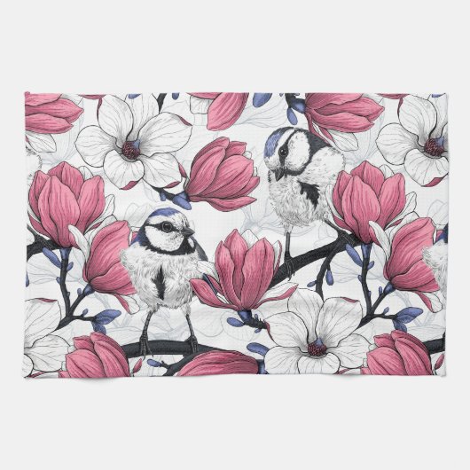 Rosa Magnolie und Blauzungenvögel Geschirrtuch (Horizontal)