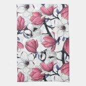 Rosa Magnolie und Blauzungenvögel Geschirrtuch (Vertikal)