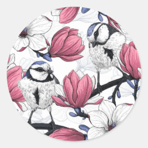 Rosa Magnolie und Blauzungenvögel Runder Aufkleber