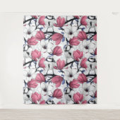 Rosa Magnolie und Blauzungenvögel Wandteppich (Vorderseite)