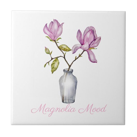 Rosa Magnolie Wasserfarbe Botanik Fliese (Vorderseite)
