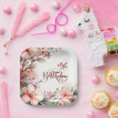 Rosa Magnolien Blüten und Vögel glücklich Geburtst Pappteller (Party)