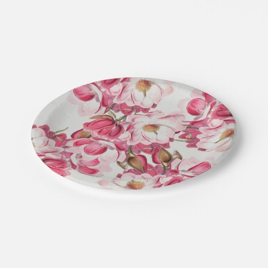 Rosa Magnolien-Papier-Teller Pappteller (Schrägansicht)