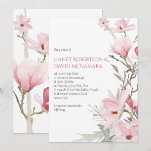 Rosa Magnolien und Grün Hochzeits Einladungen