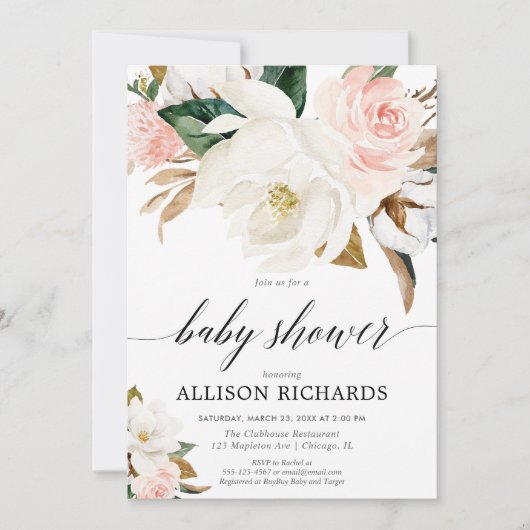 Rosa Magnolienblüte rustikale Mädchendusche Einladung (Vorderseite)