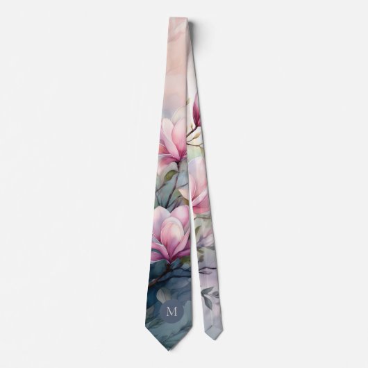 Rosa Magnolienblüten Botanisch Monogramm Krawatte (Vorderseite)