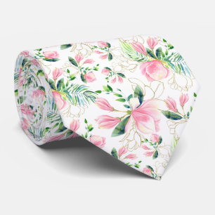 Rosa Magnolienblüten mit goldenen Filigree-Designs Krawatte