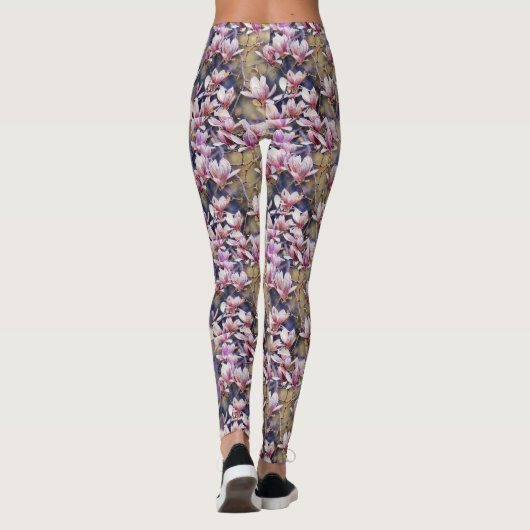 Rosa Magnolienzweig Aquarell lila Hintergrund Leggings (Rückseite)