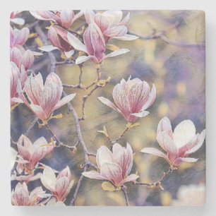 Rosa Magnolienzweig Aquarell lila Hintergrund Steinuntersetzer