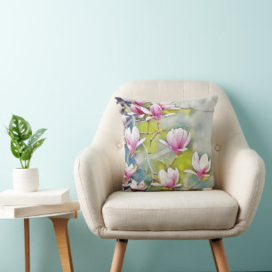 Rosa Magnolienzweig Aquarellblau Hintergrund Kissen