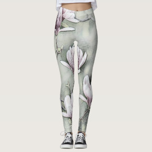 Rosa Magnolienzweig zeichnend grauschwarzer Rückgr Leggings