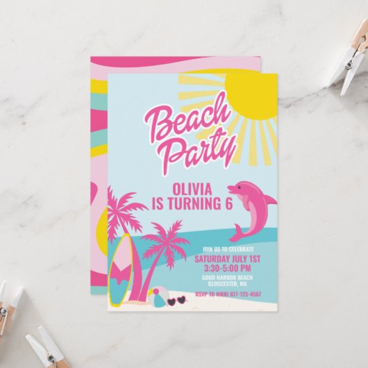 Rosa Malibu-Strand-Geburtstag Einladung (Vorderseite/Rückseite Beispiel)