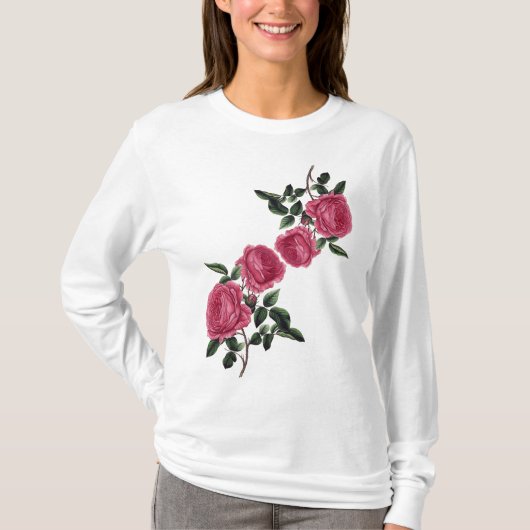 Rosa malvenfarbene Rosen-langer Hülsen-T - Shirt (Vorderseite)