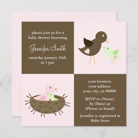 Rosa Mama und Baby Bird Baby Dusche Einladung (Vorne/Hinten)