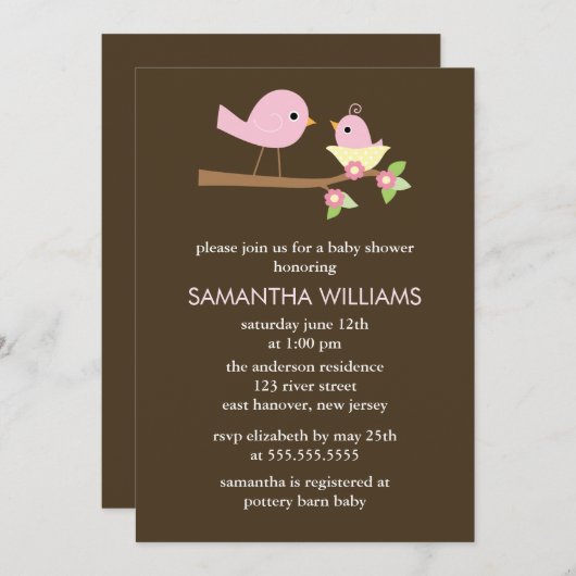 Rosa Mama und Baby Birds in einer Nest Baby Dusche Einladung (Vorne/Hinten)