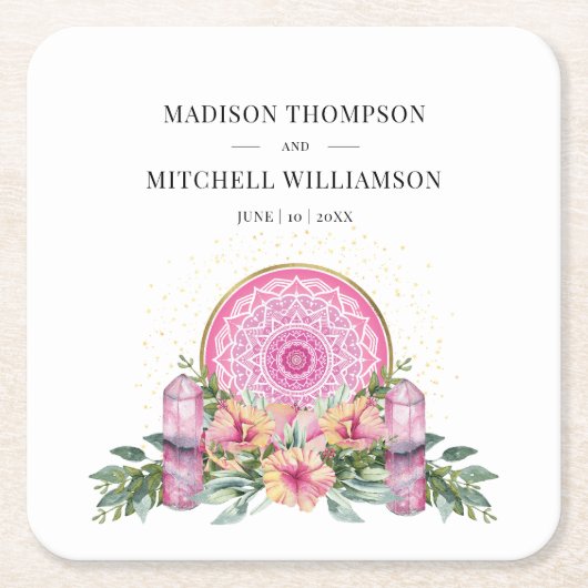 Rosa Mandala Crystals Metaphysische Hochzeit Rechteckiger Pappuntersetzer (Vorderseite)