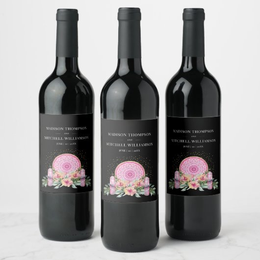 Rosa Mandala Crystals Metaphysische Hochzeit Weinetikett (Flaschen)