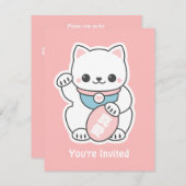 Rosa Maneki Neko Einladung zur Geburtstagsparty (Vorne/Hinten)