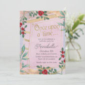 Rosa Märchenbuchabdeckung mit Rote Rosen Einladung (Stehend Vorderseite)