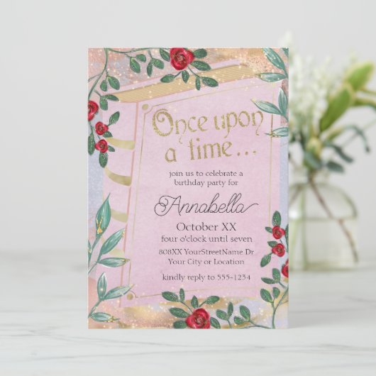 Rosa Märchenbuchabdeckung mit Rote Rosen Einladung (Stehend Vorderseite)