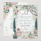 Rosa Märchenprinzessin Verzauberter Garten Quincea Einladung (Vorne/Hinten)