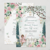 Rosa Märchenprinzessin Verzauberter Garten Quincea Einladung (Vorne/Hinten)